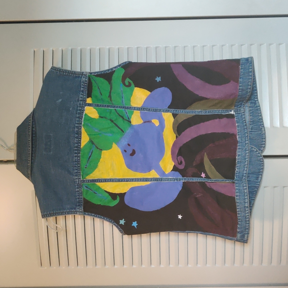 Crazy Horse Pokemon Oddish Denim Vest Jewel Tones Medium Hand Painted - Picture 1 of 16